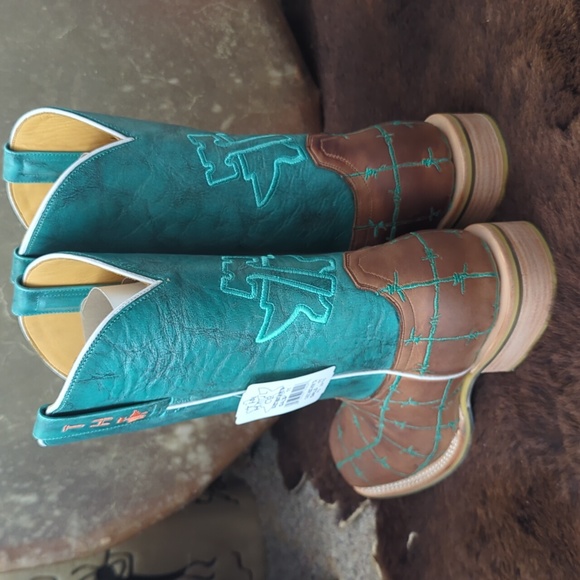 TIN HAUL "Barb'd Wire" turquoise & brown leather square toe cowgirl boot… - Picture 5 of 16